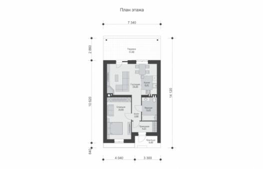 Эскизный проект одноэтажного гостевого дома облицованного камнем и штукатуркой с террасой